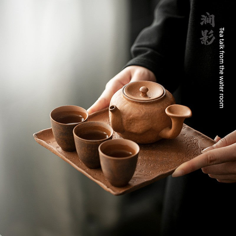 Rustic Kung Fu Tea Set Small Portable Ceramic Teapot with Side Handle One Pot Two Cups Dry Brewing Tray Set for Home Office Hotel