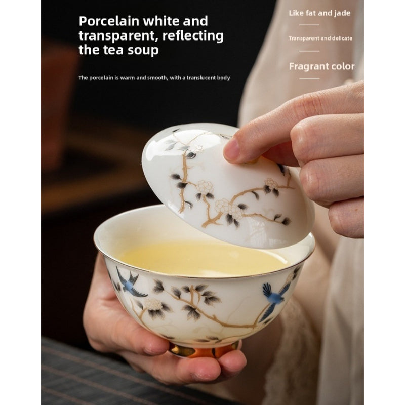Premium Lard White Porcelain Tea Set Three Talents Gaiwan Kung Fu Tea Brewing Bowls High Grade Ceramic Business Gift Customizable