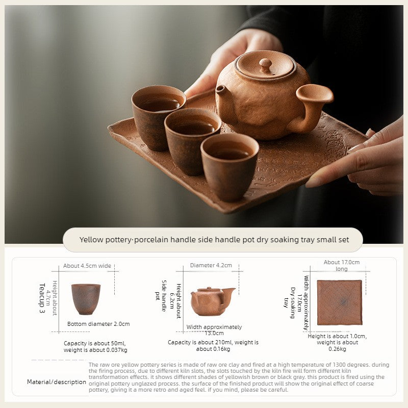 Rustic Kung Fu Tea Set Small Portable Ceramic Teapot with Side Handle One Pot Two Cups Dry Brewing Tray Set for Home Office Hotel