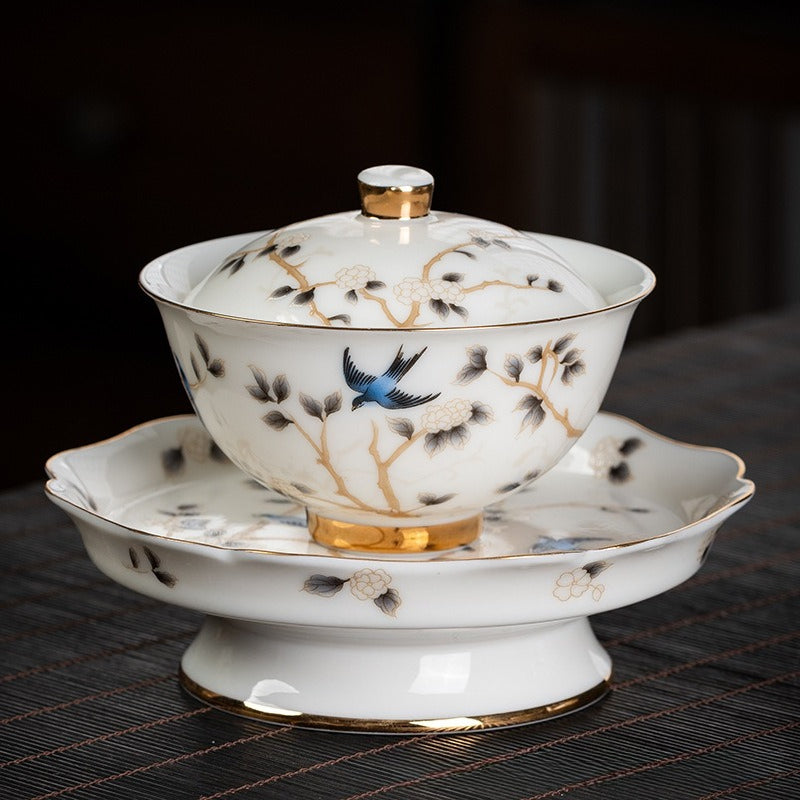 Premium Lard White Porcelain Tea Set Three Talents Gaiwan Kung Fu Tea Brewing Bowls High Grade Ceramic Business Gift Customizable