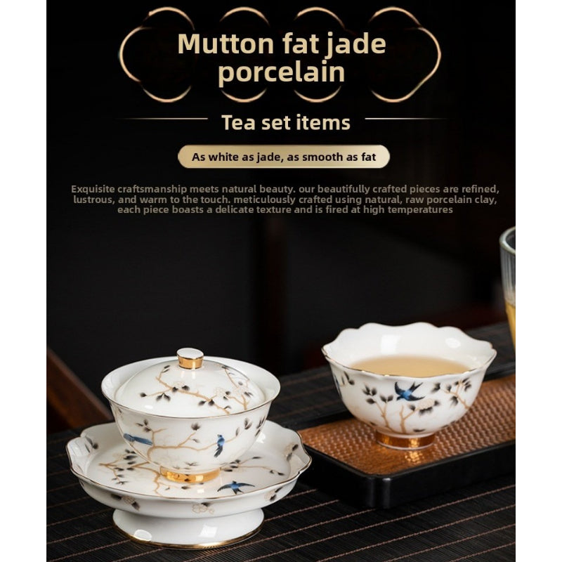 Premium Lard White Porcelain Tea Set Three Talents Gaiwan Kung Fu Tea Brewing Bowls High Grade Ceramic Business Gift Customizable