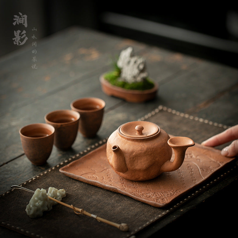 Rustic Kung Fu Tea Set Small Portable Ceramic Teapot with Side Handle One Pot Two Cups Dry Brewing Tray Set for Home Office Hotel