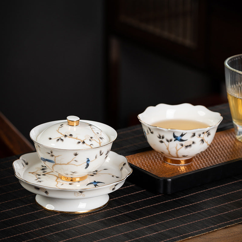 Premium Lard White Porcelain Tea Set Three Talents Gaiwan Kung Fu Tea Brewing Bowls High Grade Ceramic Business Gift Customizable