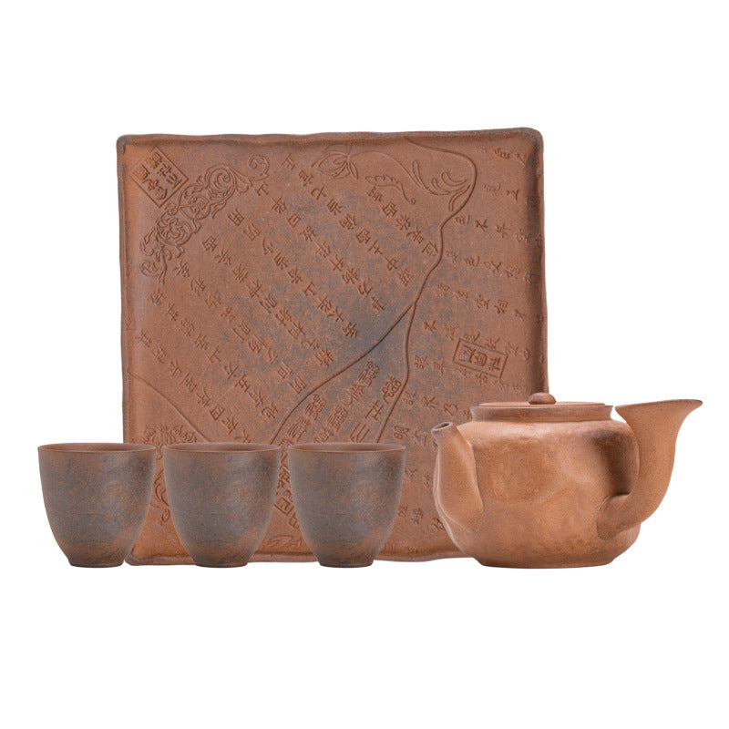 Rustic Kung Fu Tea Set Small Portable Ceramic Teapot with Side Handle One Pot Two Cups Dry Brewing Tray Set for Home Office Hotel