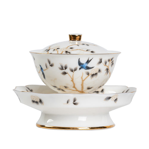 Premium Lard White Porcelain Tea Set Three Talents Gaiwan Kung Fu Tea Brewing Bowls High Grade Ceramic Business Gift Customizable