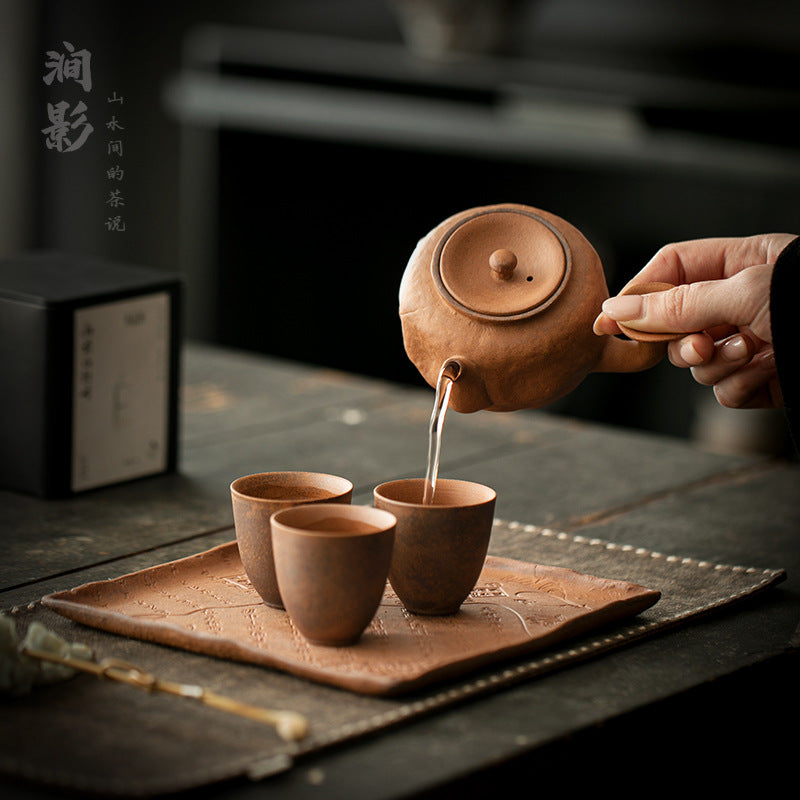 Rustic Kung Fu Tea Set Small Portable Ceramic Teapot with Side Handle One Pot Two Cups Dry Brewing Tray Set for Home Office Hotel