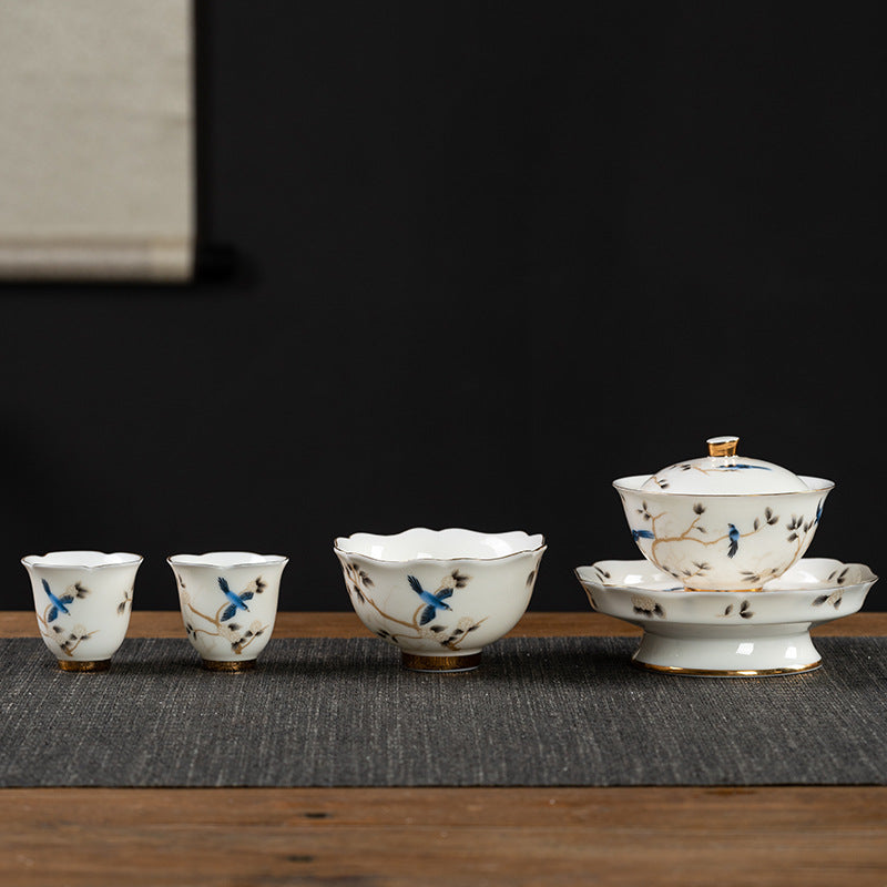 Premium Lard White Porcelain Tea Set Three Talents Gaiwan Kung Fu Tea Brewing Bowls High Grade Ceramic Business Gift Customizable