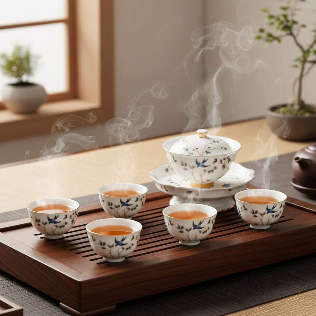 Authentic white porcelain gaiwan kung fu tea set in an elegant zen tea ceremony setting
